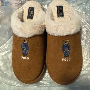 Ralph Lauren Brown Suede Slippers with Bear Detail